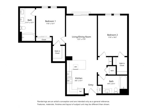 Two Bedroom Floor Plan at The Huntington Luxury Apartments in Duarte CA